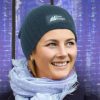 cable knit beanie with patch feature